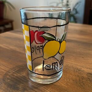 VTG KIG Indonesia Juice Glass Tumbler 7oz Lemon Apple yellow White Checker